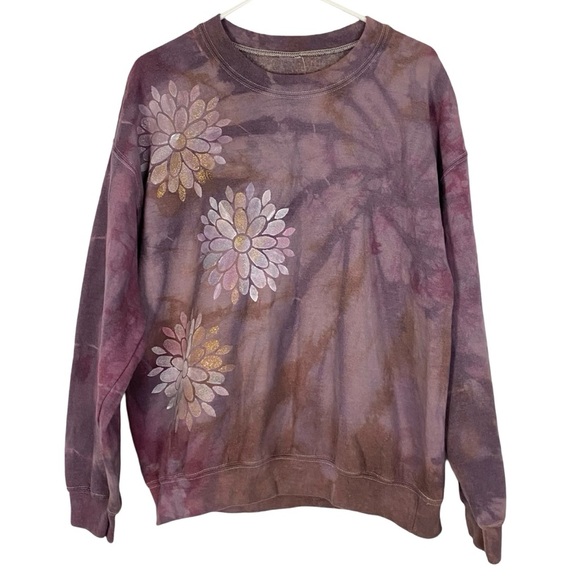 Handmade Tie Dye Sweatshirt Pullover Womens Large XL Daisy Flower Purple Mauve - Picture 1 of 10